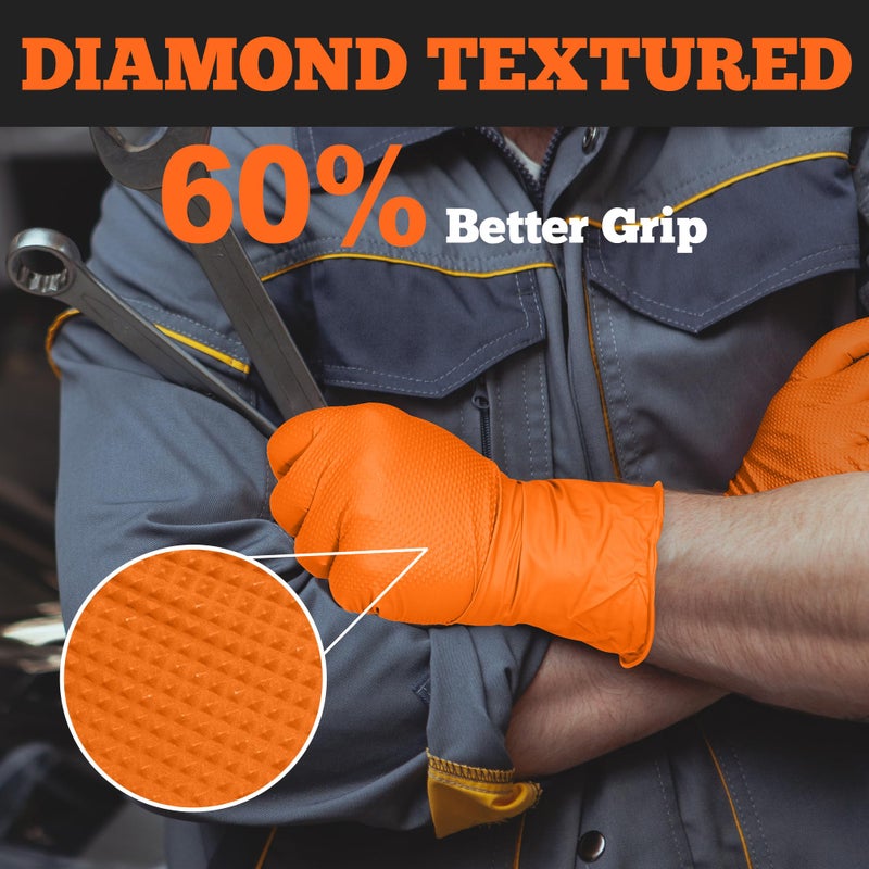 TitanFlex Heavy Duty Orange Nitrile Gloves  6 Mil  Large  Industrial Raised Diamond Texture  Work Gloves Disposable Latex Free  Powder Free  Chemical Resistant  Mechanic Gloves(Box of 100) - Image 3